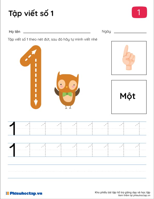 Tập viết số 1 theo nét
